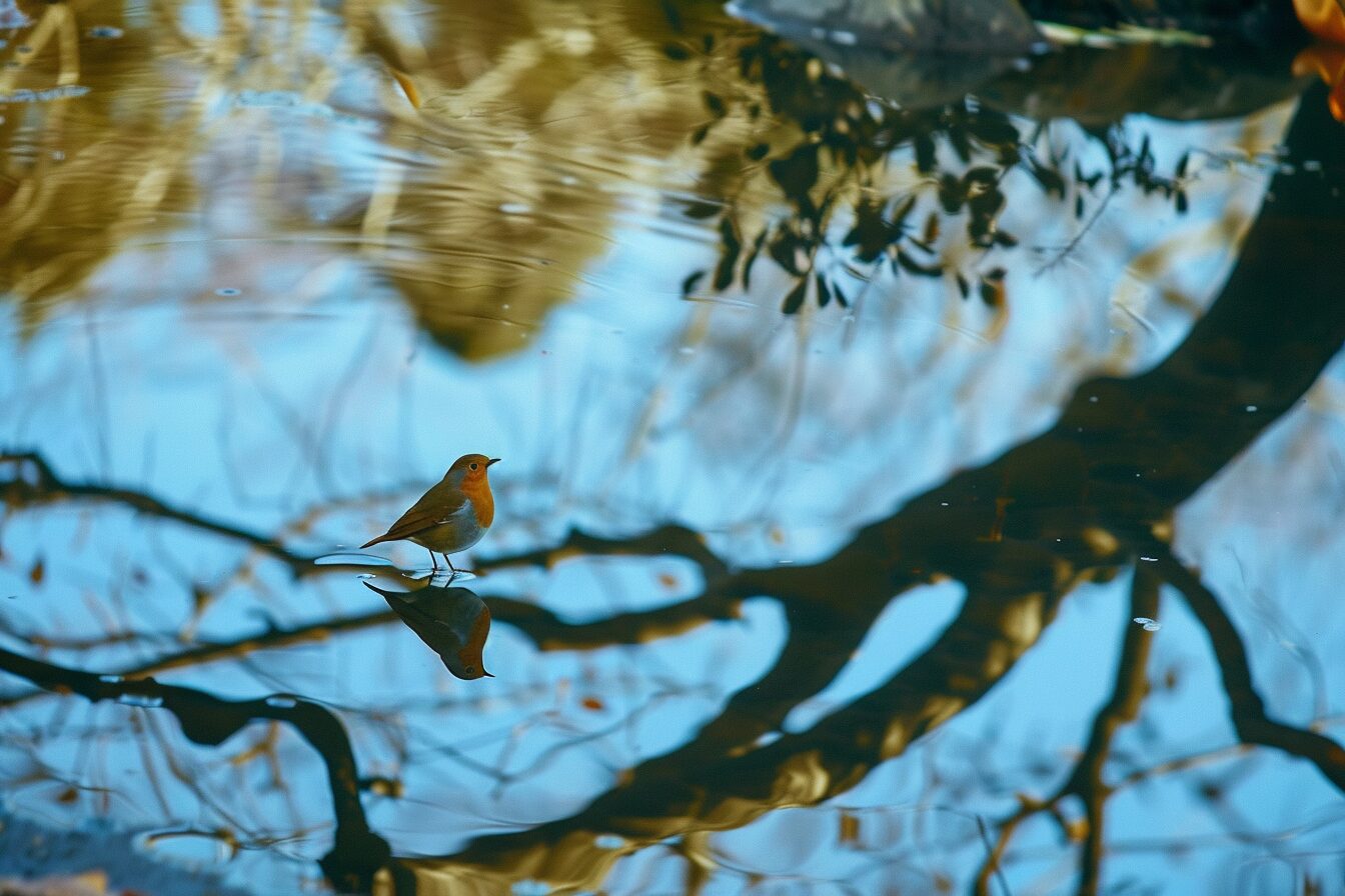Robin reflection standing in a lake