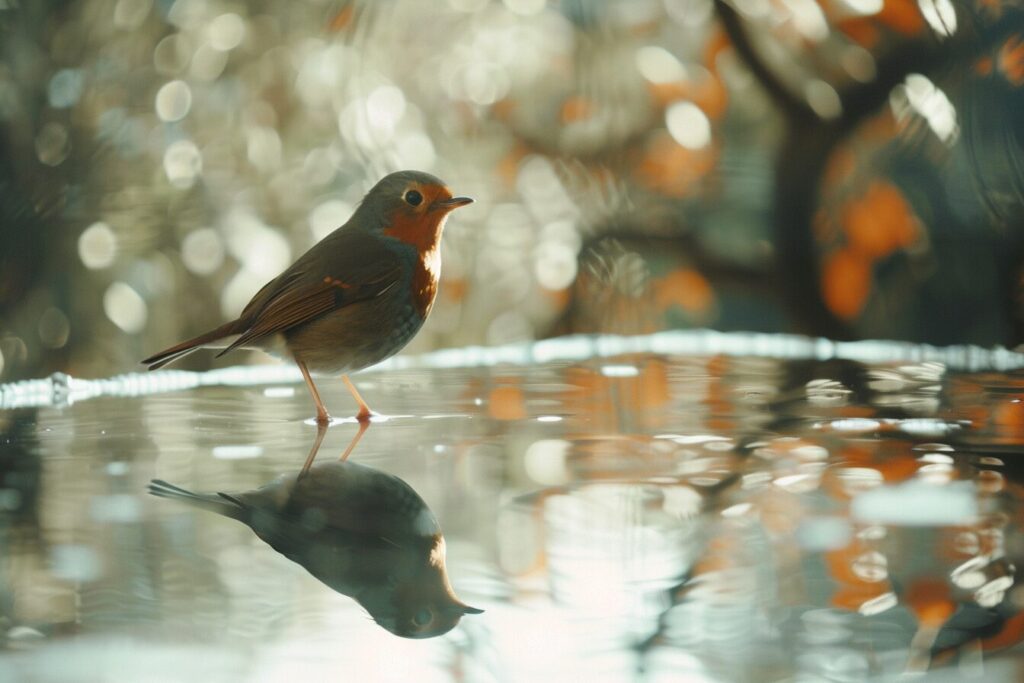 Robin standing on reflective surface